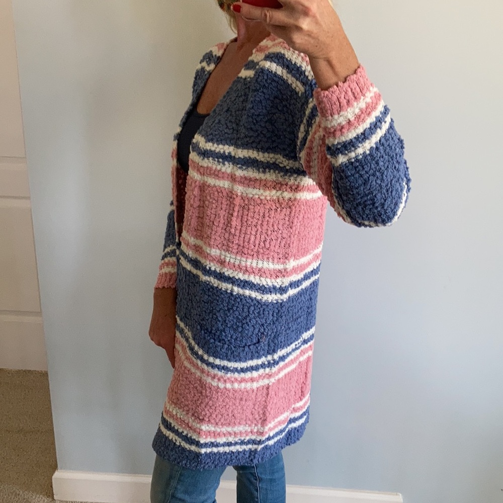 Pink, Blue & Off White Stripe Popcorn Texture Open Cardigan - Picture 5 of 10